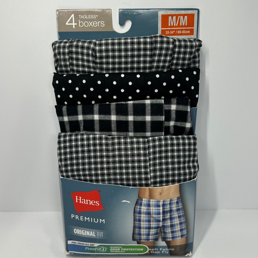 Hanes Premium Mens 4 Pack Original Fit Boxers Black White Polka Dot Medium New